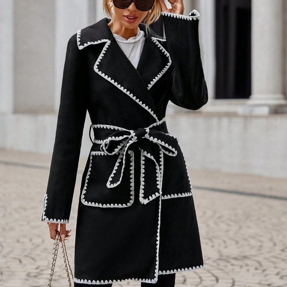 Black Elegant Womens Contrast Binding Lapel Neck Belted Overcoat - Picture 3 of 5